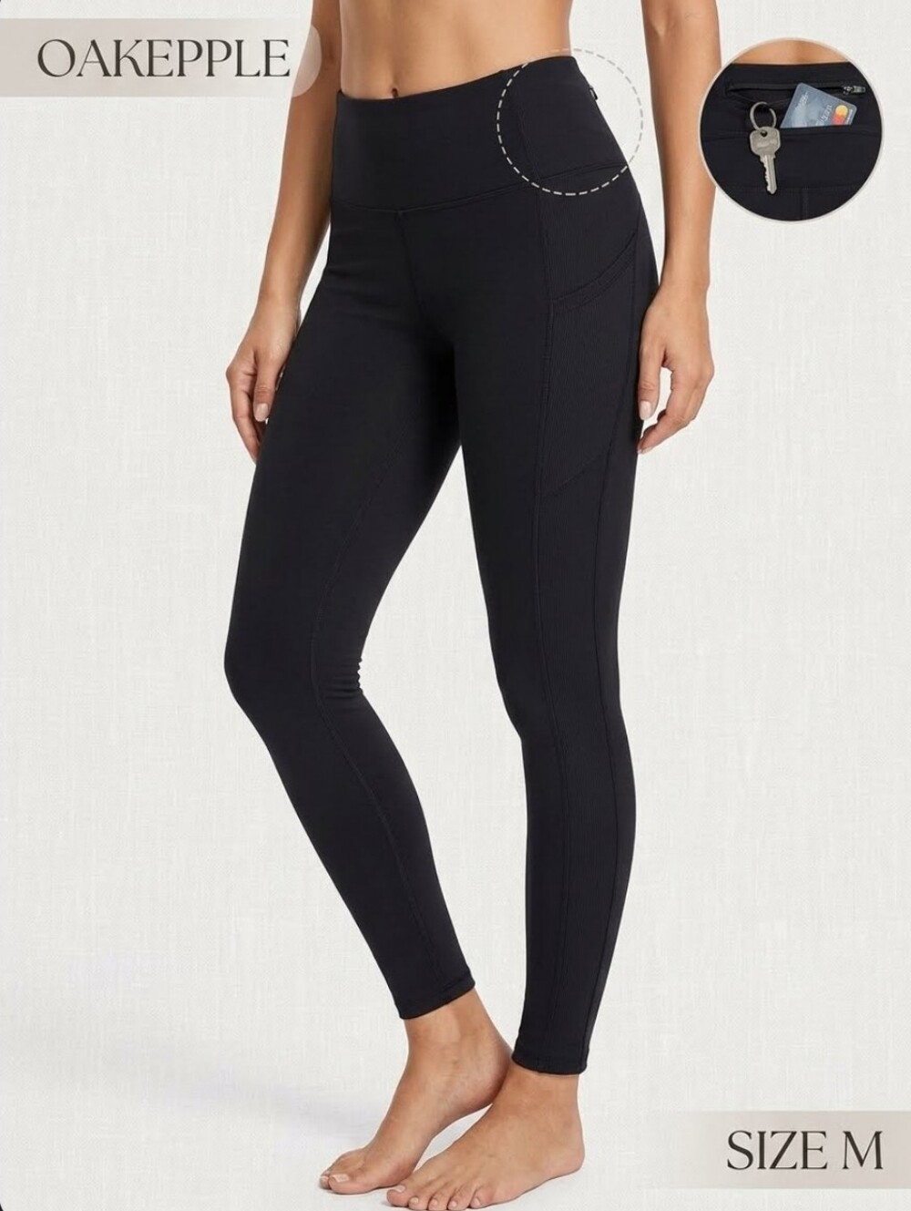 Oakepple High-Rise Slimming Black Leggings With Hidden Pocket - Size M